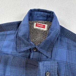 Wrangler Sherpa Flannel Jacket Mens Small Blue Plaid Lined Shirt Coat Warm Work